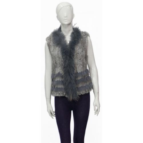 Winter Fur Ladies Grey Genuine Knitted Rabbit Vest With Fox Trimming W05V02GREY
